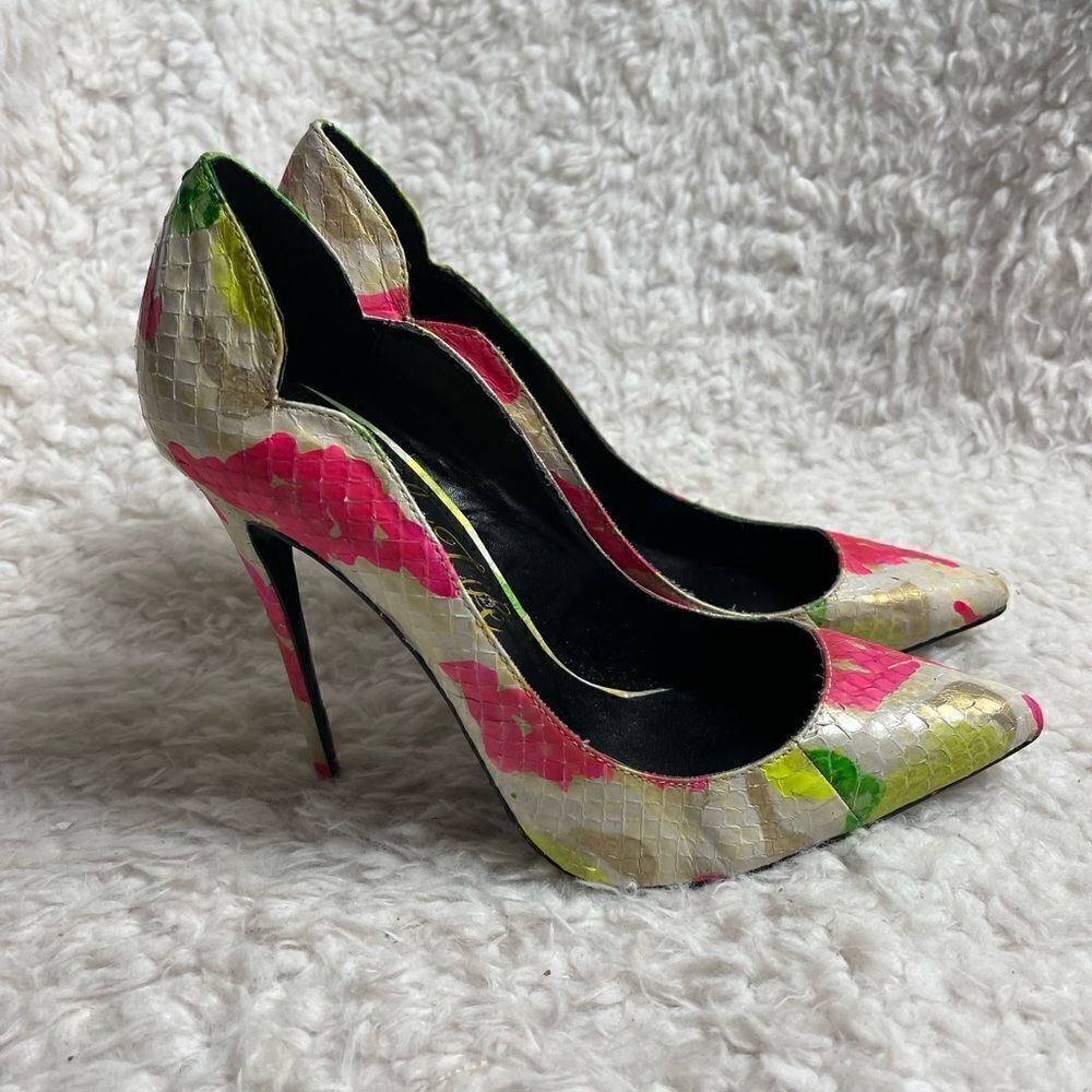 Lust for life leather snake skin embossed off white neon pink,green heels SZ8.5